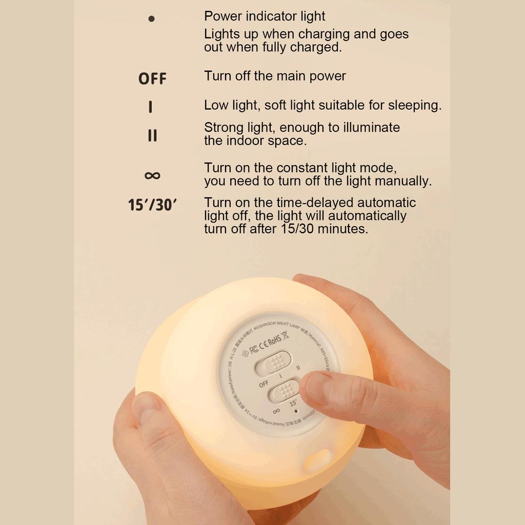Silicone Mushroom Night Light Pat Light 15/30 Minutes Delay Off Two Dimmers 1W