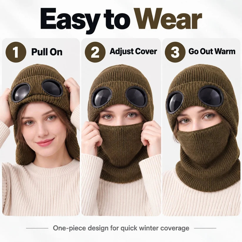 ❄️ Winter Ready · Ribbed Knit Balaclava Beanie with Goggle-Style Eye Panels 🥶