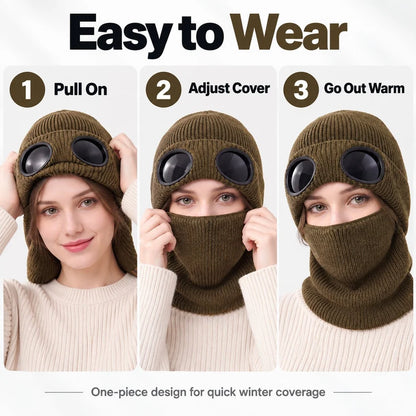 ❄️ Winter Ready · Ribbed Knit Balaclava Beanie with Goggle-Style Eye Panels 🥶