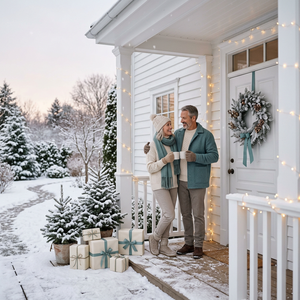 Không gian hiên nhà Noel tông trắng và teal