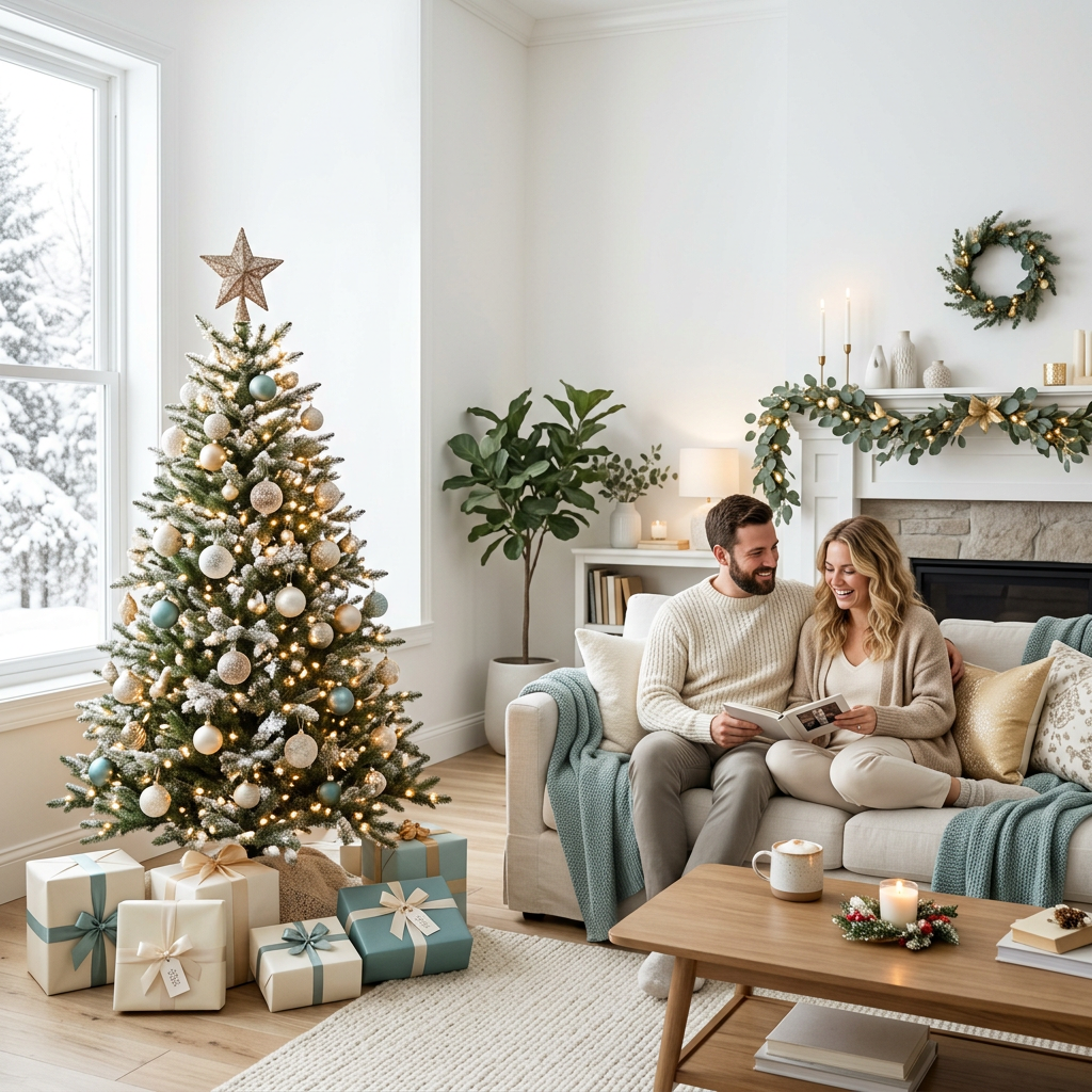 Không gian phòng khách Noel tông trắng và teal